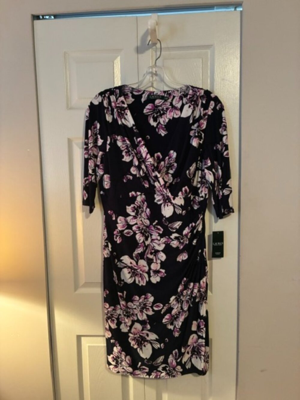 NWT Size 14W Ralph Lauren Navy Purple Floral Faux Wrap Jersey Dress